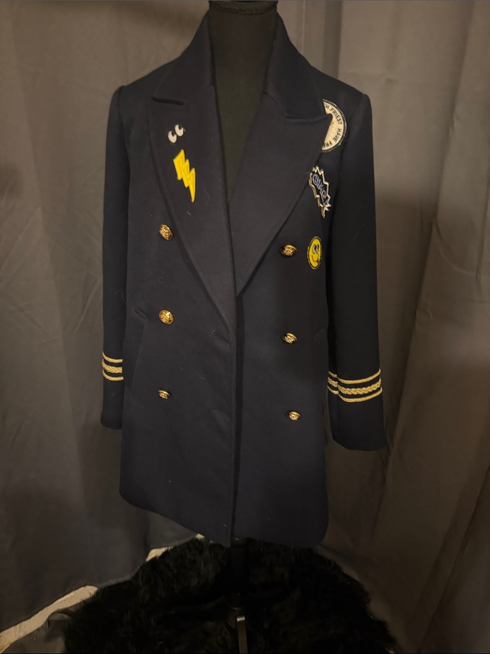 Forever 21 Navy Double-Breasted Blazer with Gold Buttons & Patch Accents